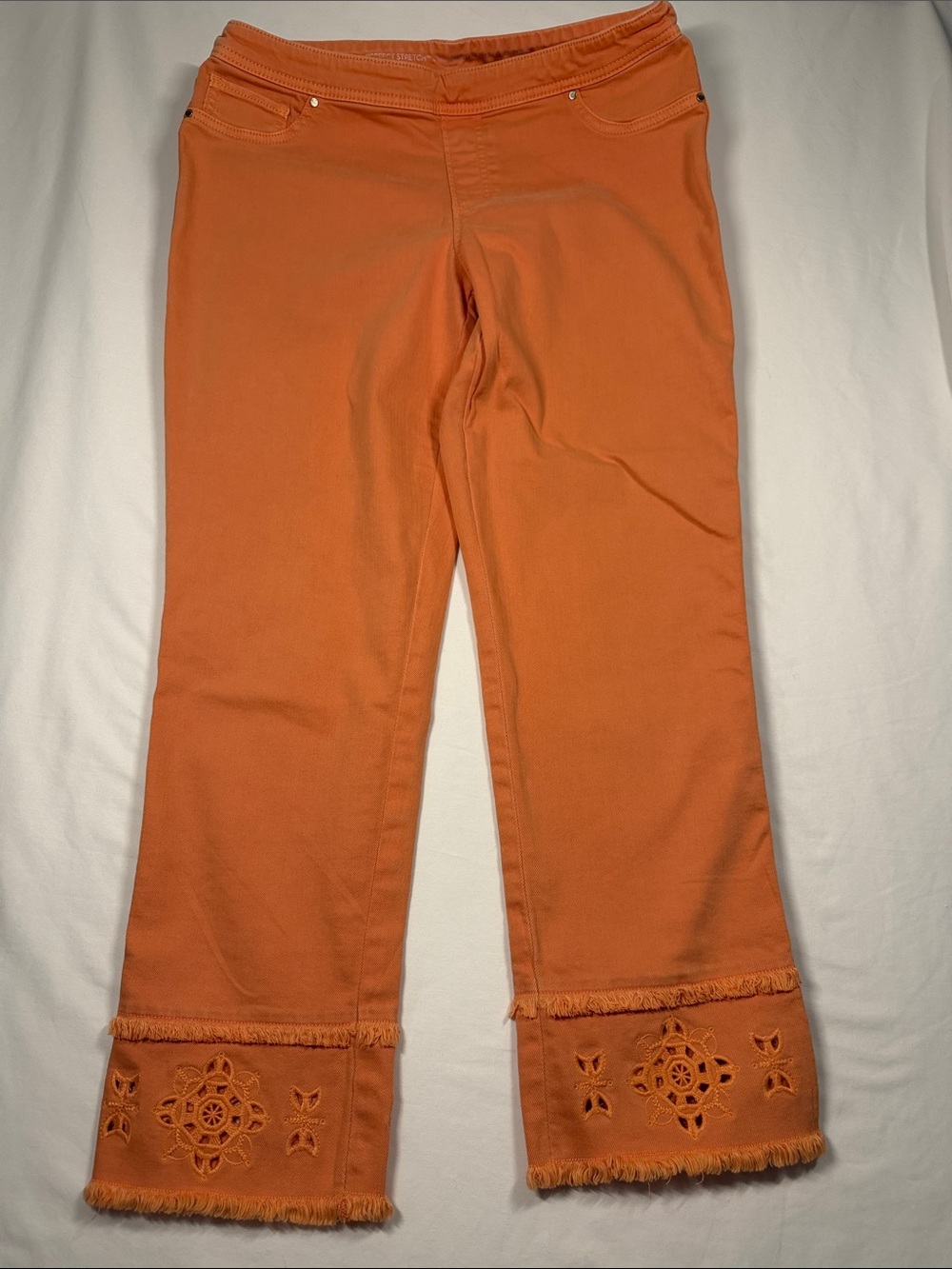 Chico's W8 Perfect Stretch GF Slim Leg Org Embroidered Fringe Ankle Pullon Jeans